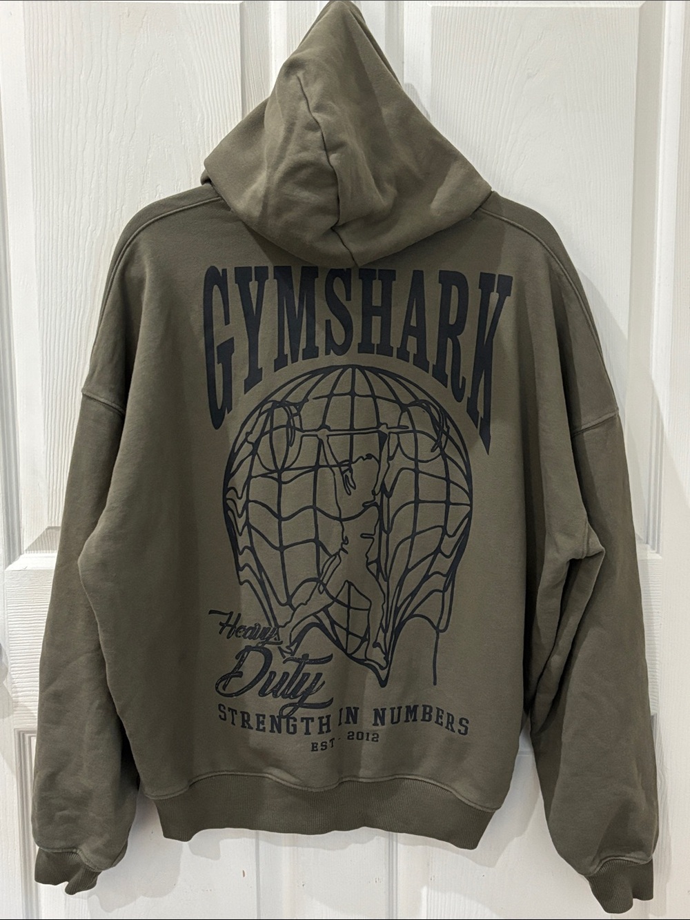 Gymshark Olive Hoodie Large Black Graphic in back Size Medium Cotton Blend